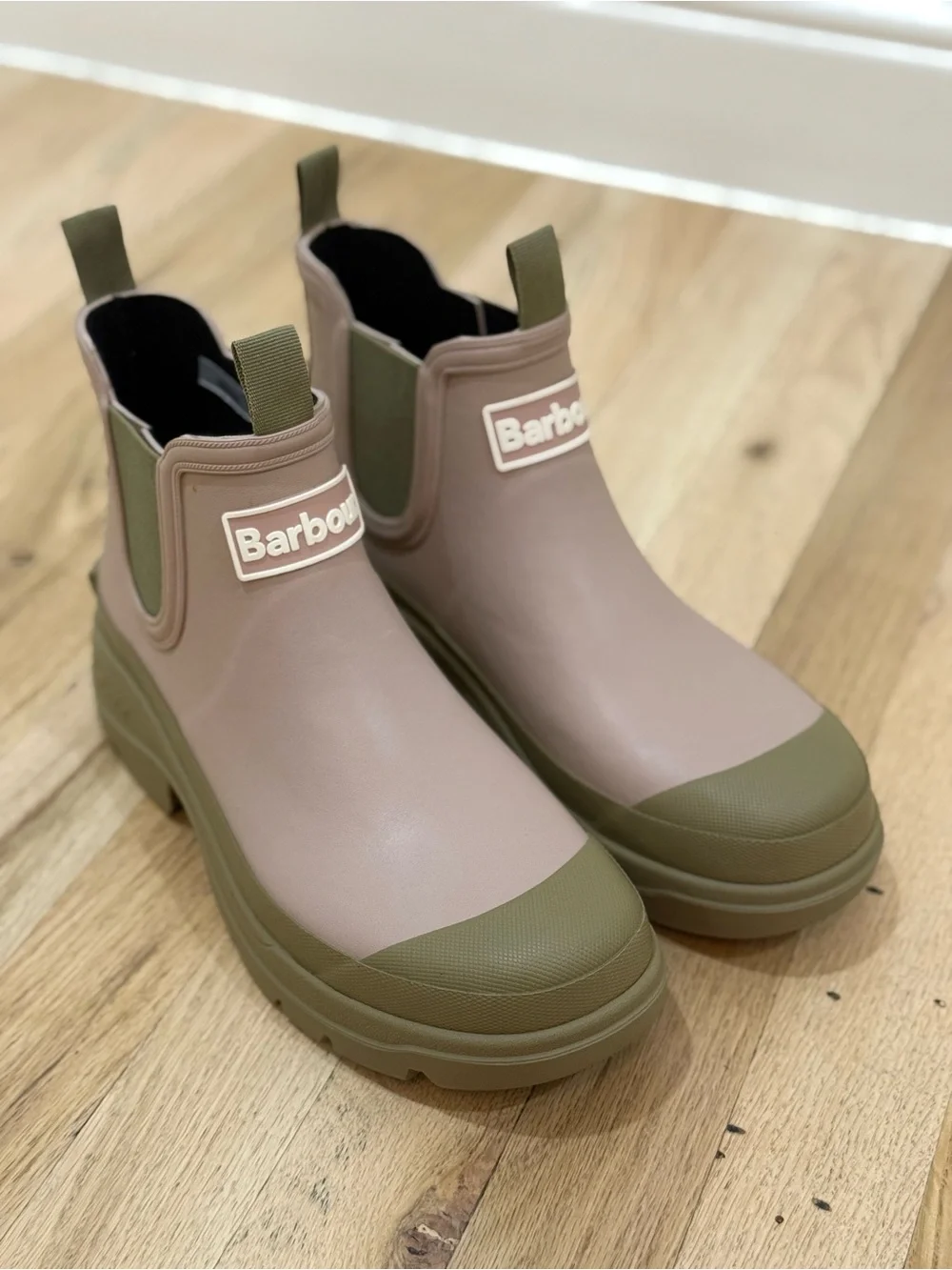 Barbour Pink and Olive Green Chelsea Rain Boots